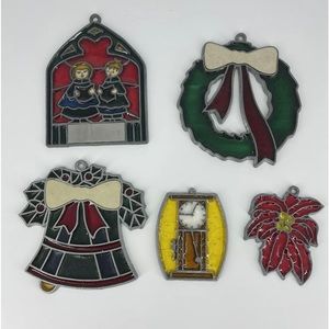 Vintage Leonard Stained Glass Ornaments Christmas - Bell Wreath Carolers Clock